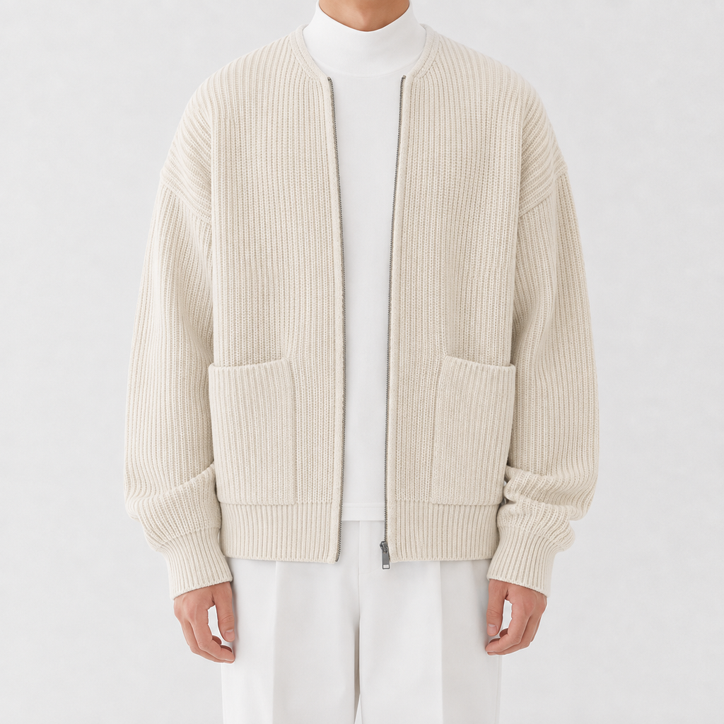 Men’s Knitted Cardigan – Funnel Neck Full Zip Jumper with Pockets