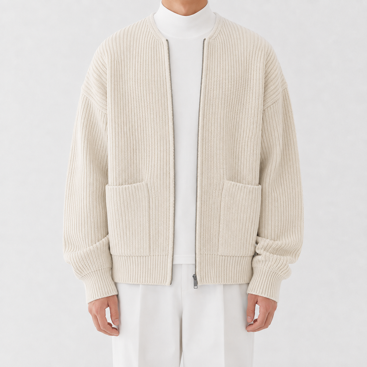 Men’s Knitted Cardigan – Funnel Neck Full Zip Jumper with Pockets