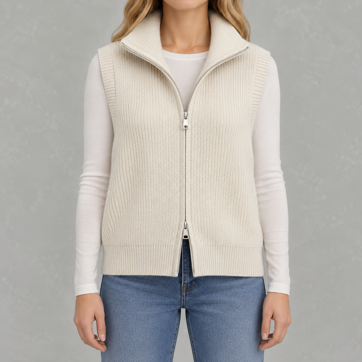 Women’s Knitted Vest – Loose Fit Full Zip Sleeveless Layering Gilet