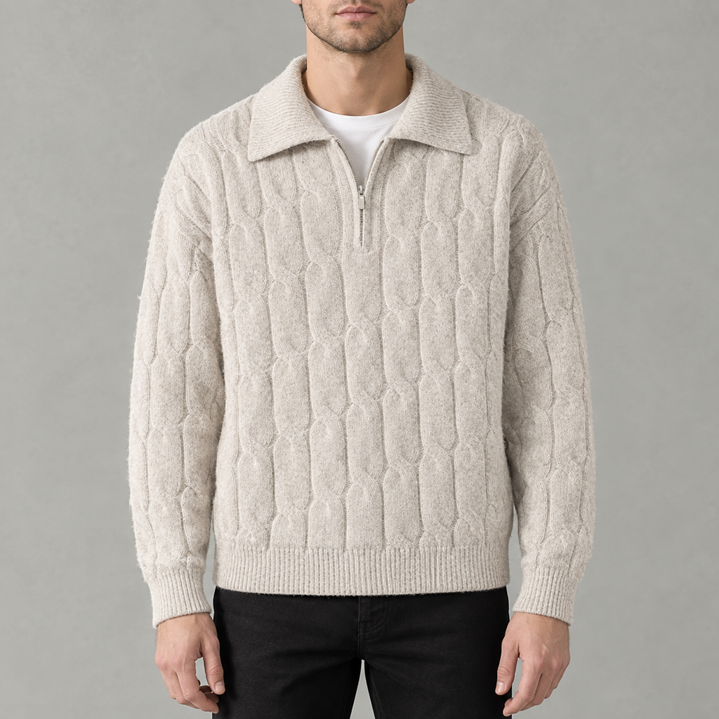 Men’s Cable Knit Jumper – Quarter Zip Loose Fit Ribbed Collared Jumper