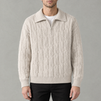 Men’s Cable Knit Jumper – Quarter Zip Loose Fit Ribbed Collared Jumper