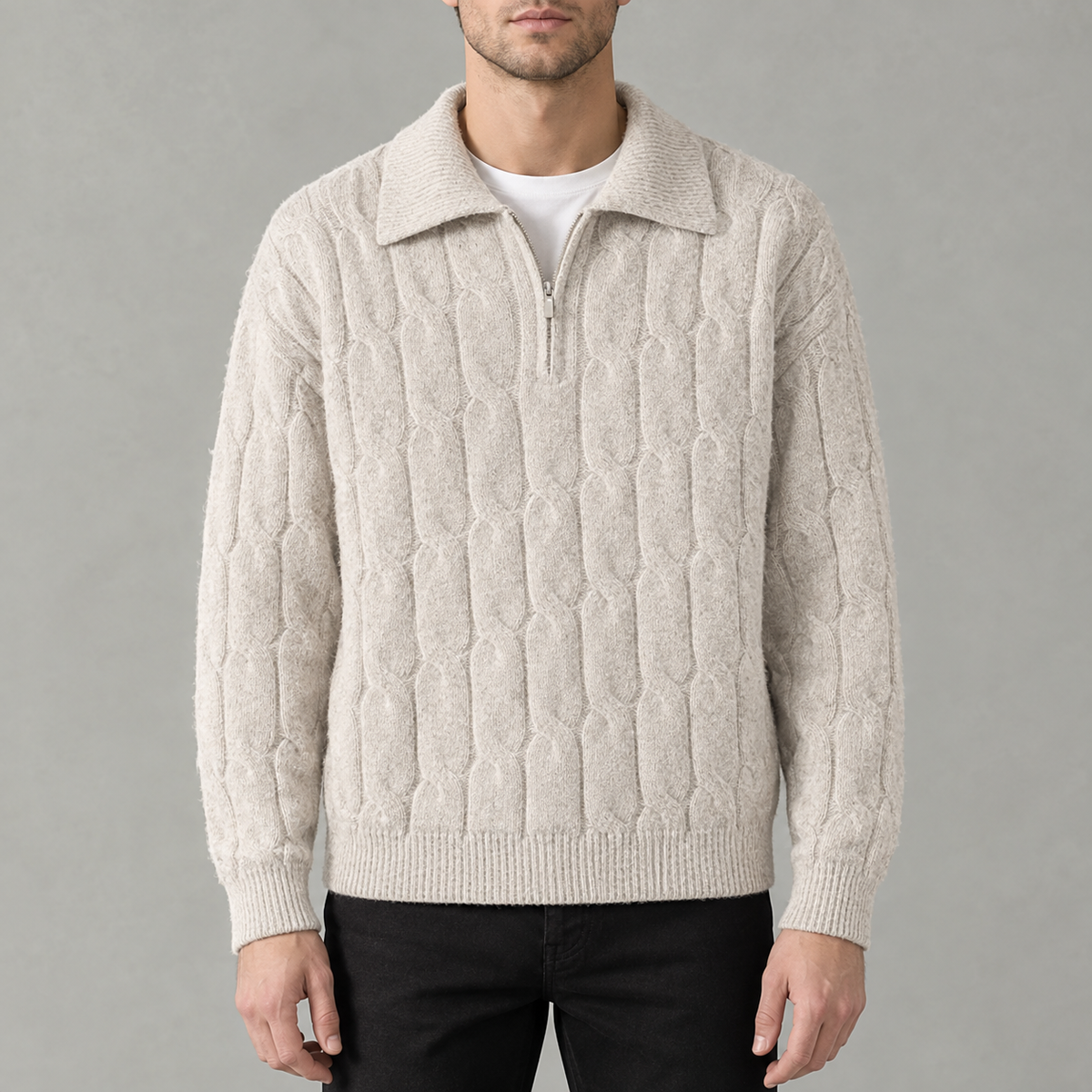 Men’s Cable Knit Jumper – Quarter Zip Loose Fit Ribbed Collared Jumper