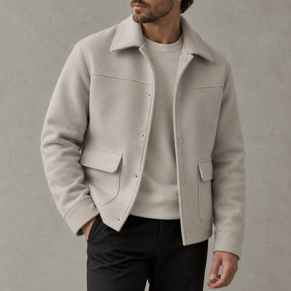 Men’s Wool-Style Jacket – Long Sleeve Lapel Collar Casual Jacket