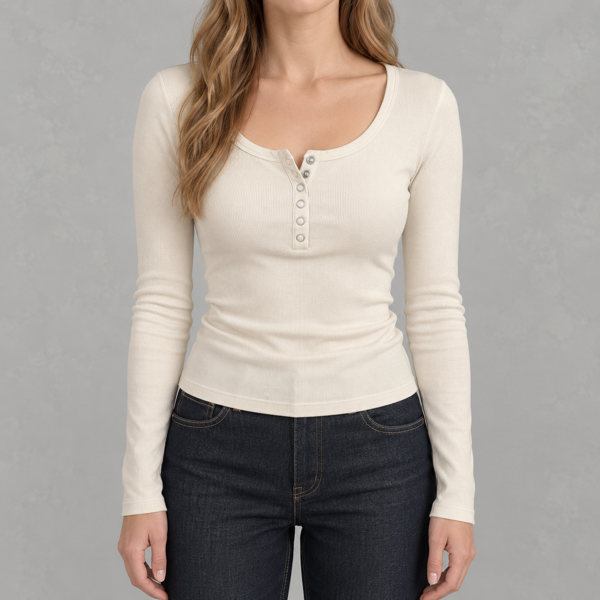Women’s Ribbed Top – Long Sleeve Round Neck Henley Shirt with Button Placket