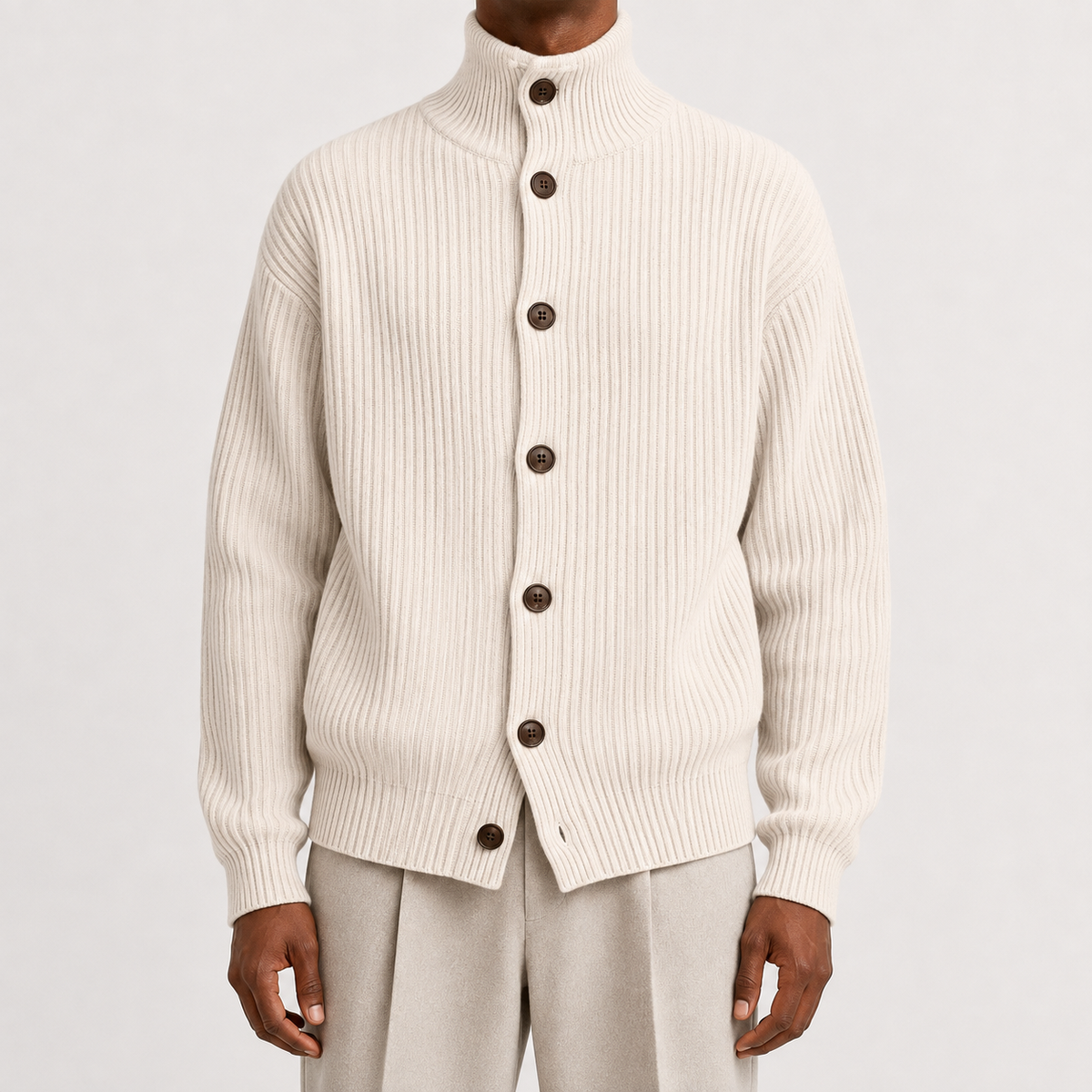 Men’s Roll Neck Cardigan – Knitted High Neck Button Front Jumper