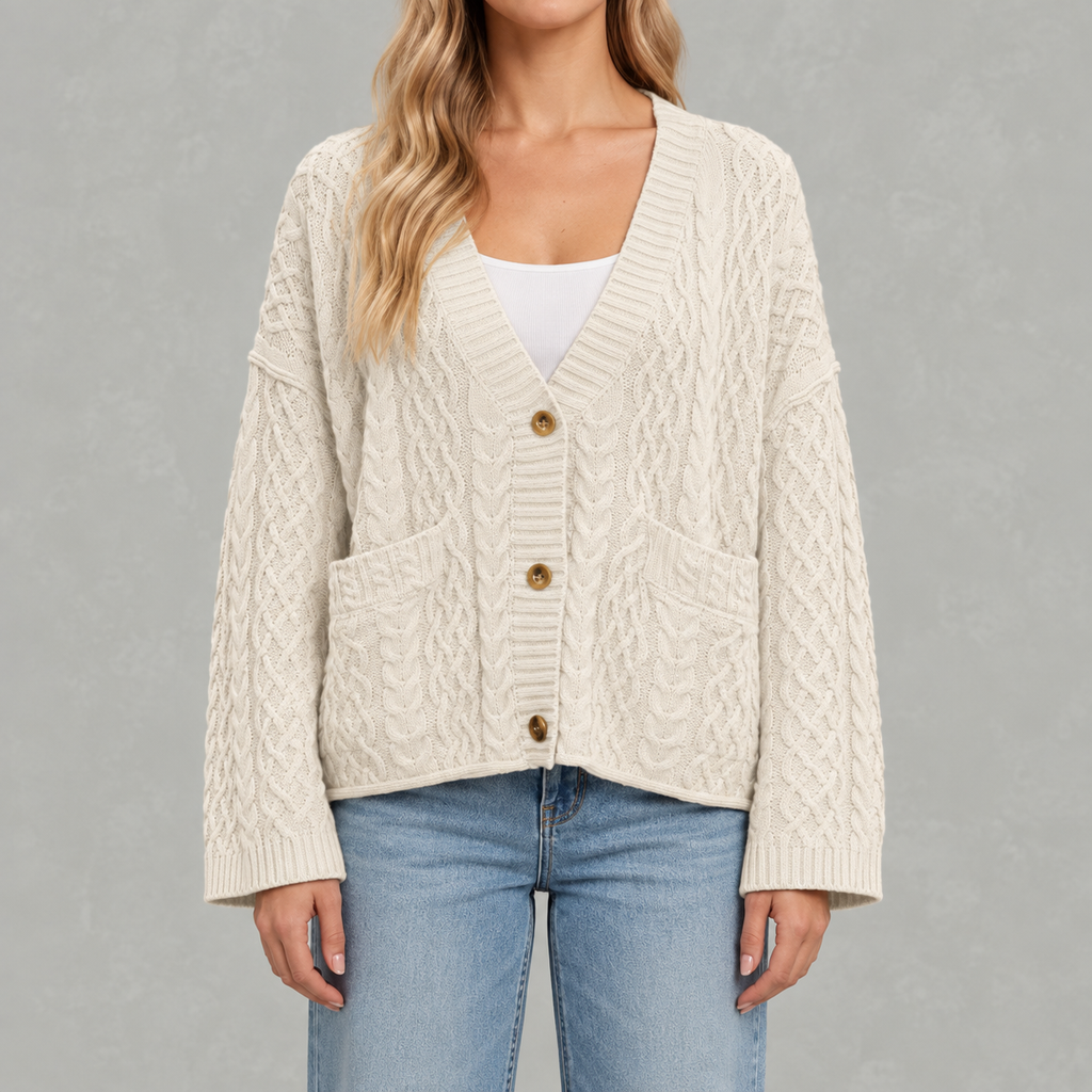 Women’s Cable Knit Cardigan – Loose Fit Chunky Button Front Jumper