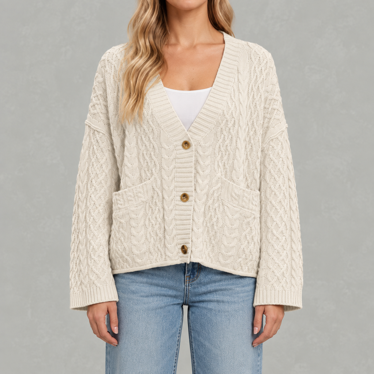 Women’s Cable Knit Cardigan – Loose Fit Chunky Button Front Jumper