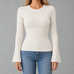 Women’s Ribbed Top – Brushed Crew Neck Long Sleeve Fitted Jumper