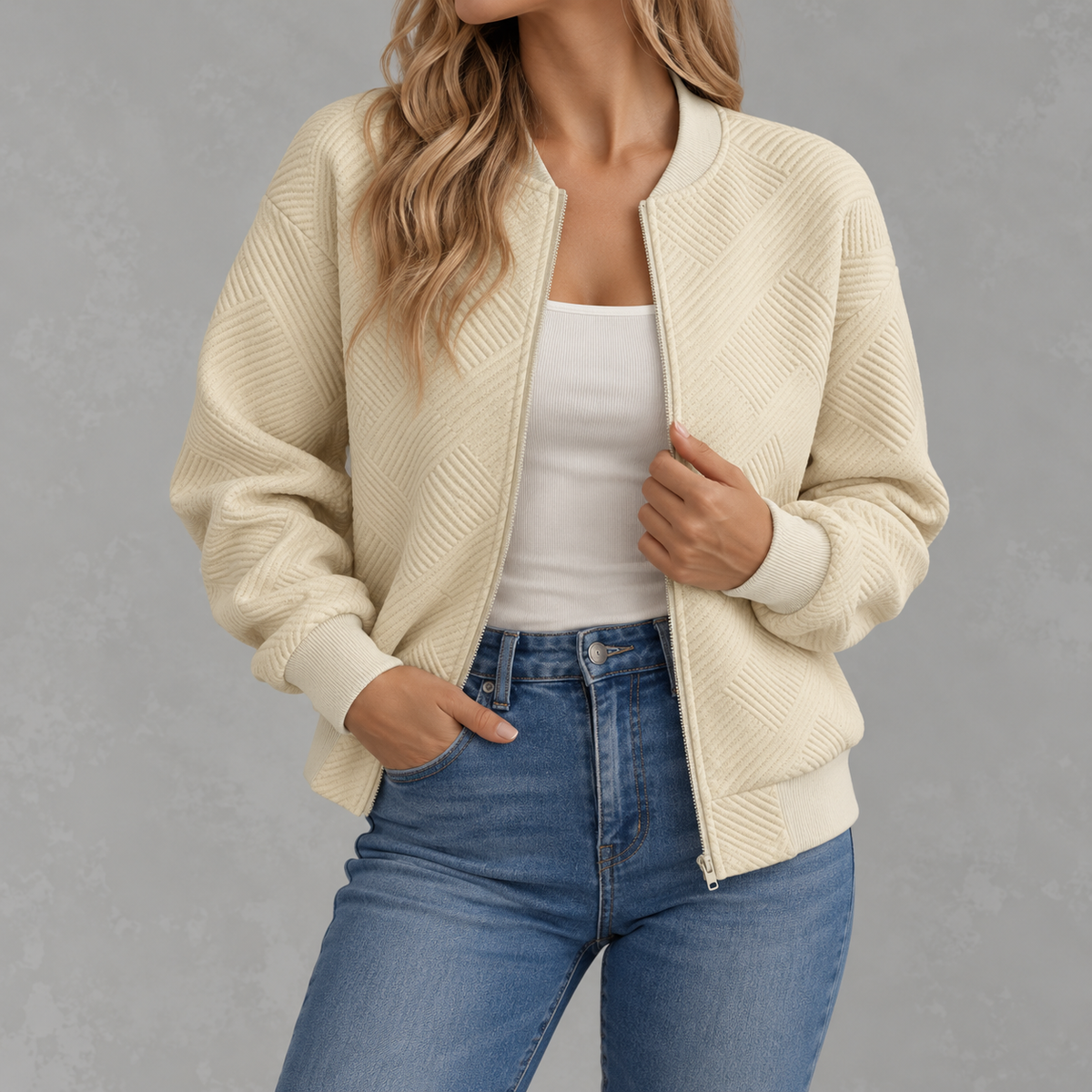 Women’s Baseball Jacket – Solid Colour Zip Up Jacket with Stand Collar