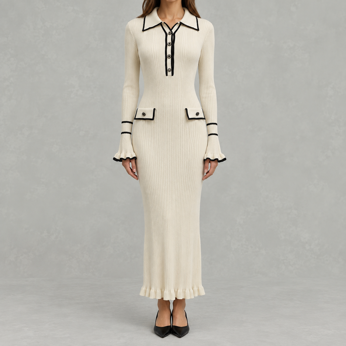 Women’s Knit Dress – French-Inspired Ruffled Midi Dress