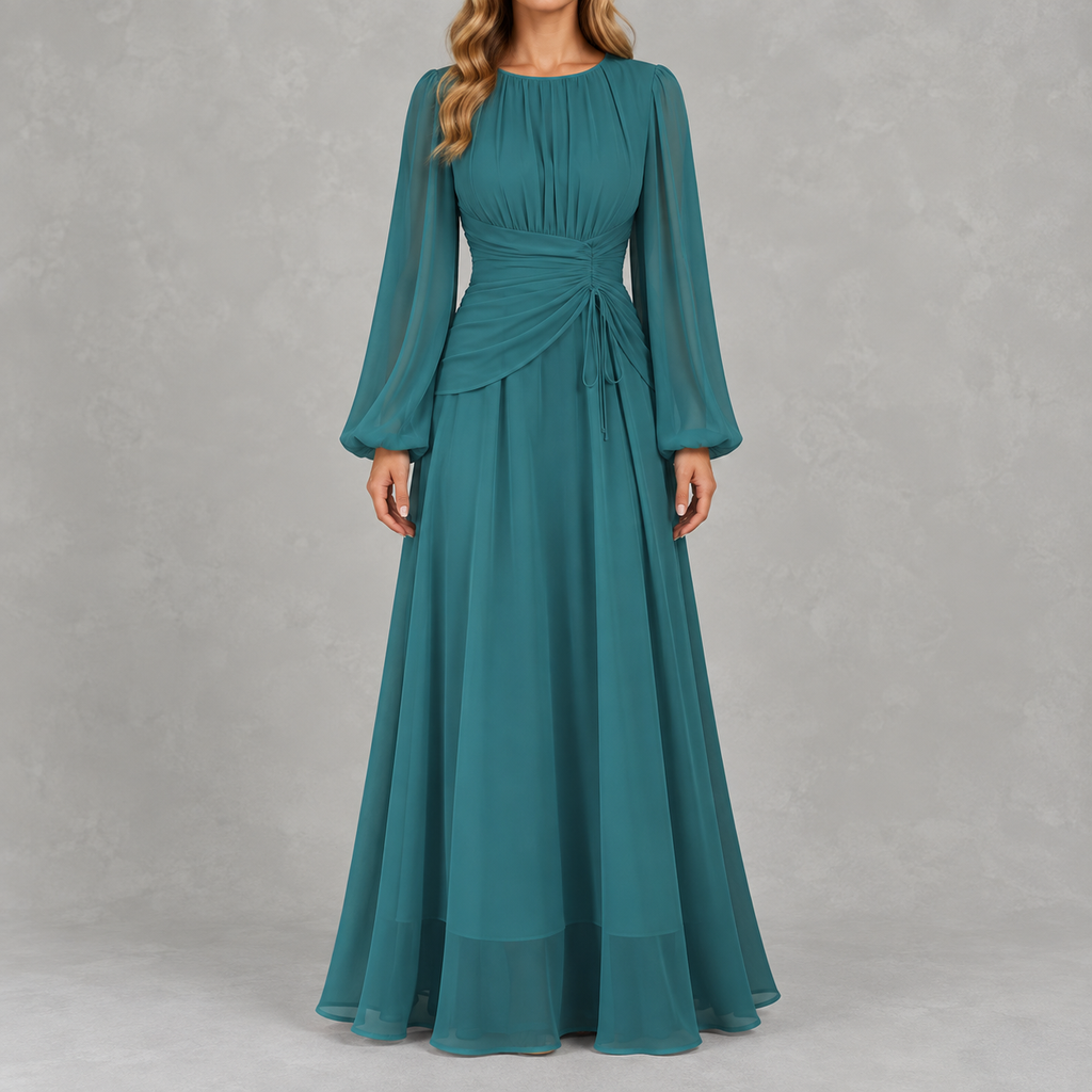 Women’s Waist-Cinching Dress – Long Sleeve Fitted Midi Dress