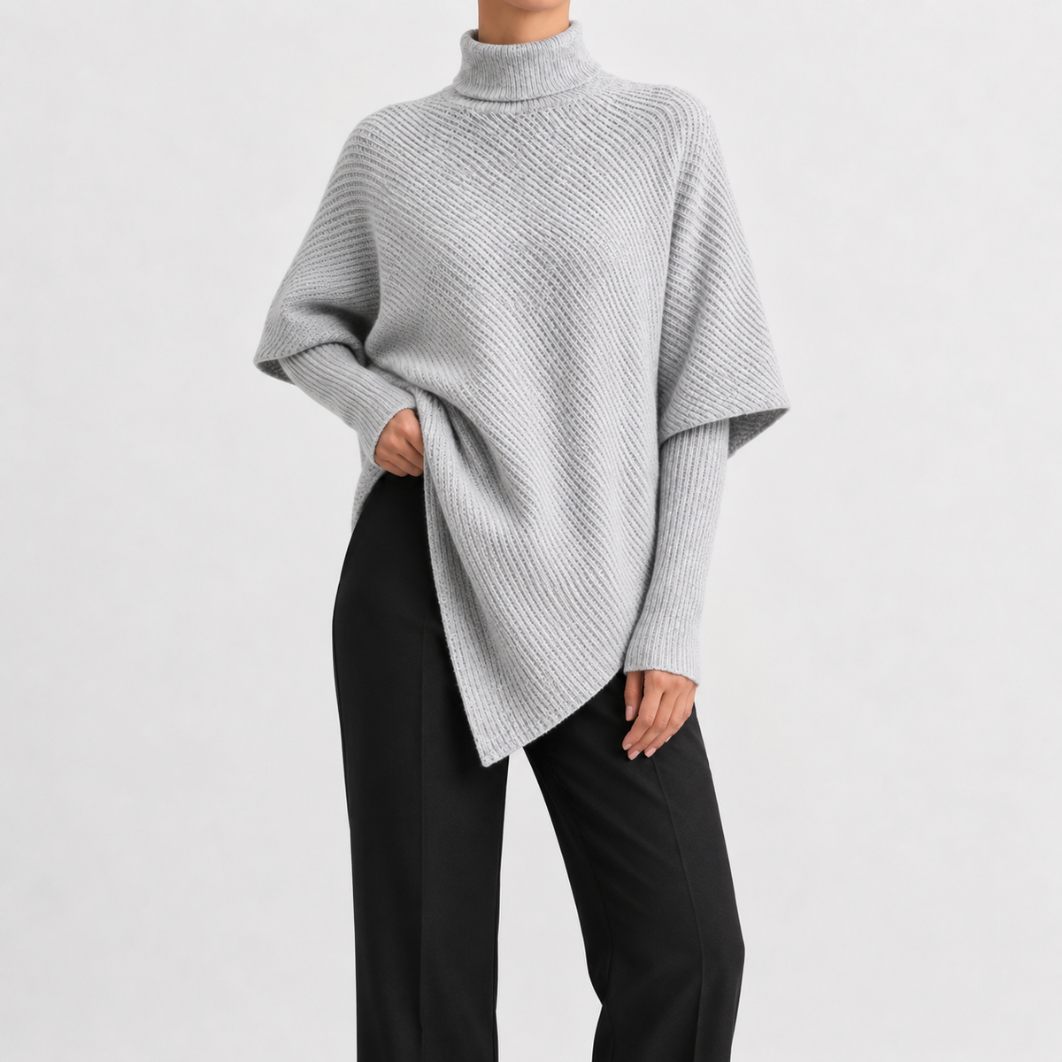 Women’s Asymmetric Jumper – Elegant Knitted Long Sleeve Pullover with Draped Hem