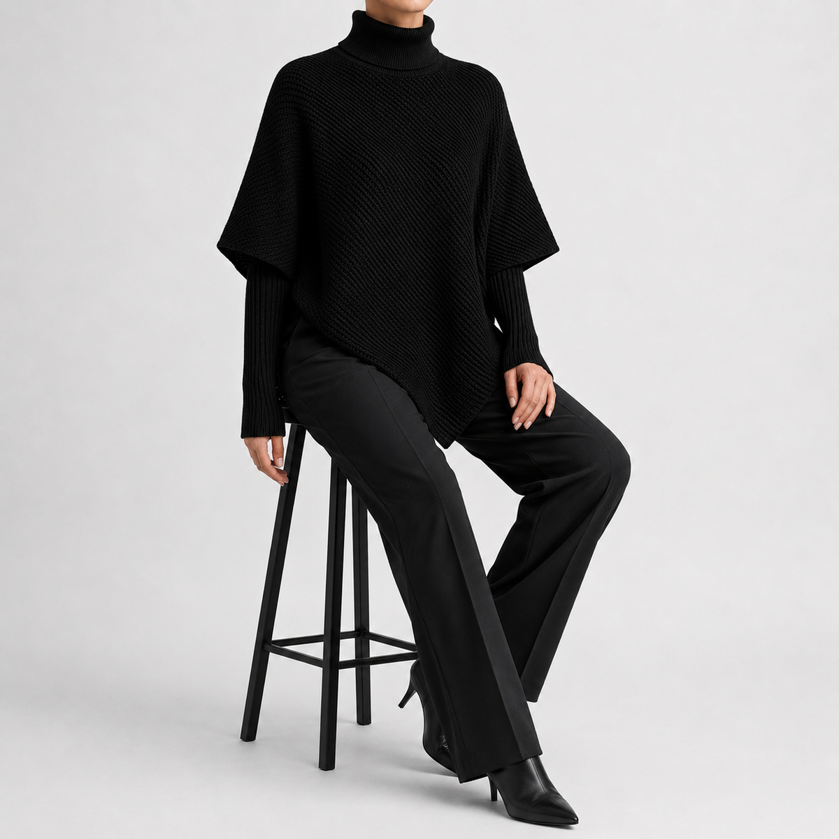 Women’s Asymmetric Jumper – Elegant Knitted Long Sleeve Pullover with Draped Hem