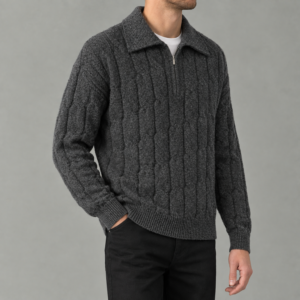 Men’s Cable Knit Jumper – Quarter Zip Loose Fit Ribbed Collared Jumper