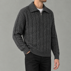 Men’s Cable Knit Jumper – Quarter Zip Loose Fit Ribbed Collared Jumper