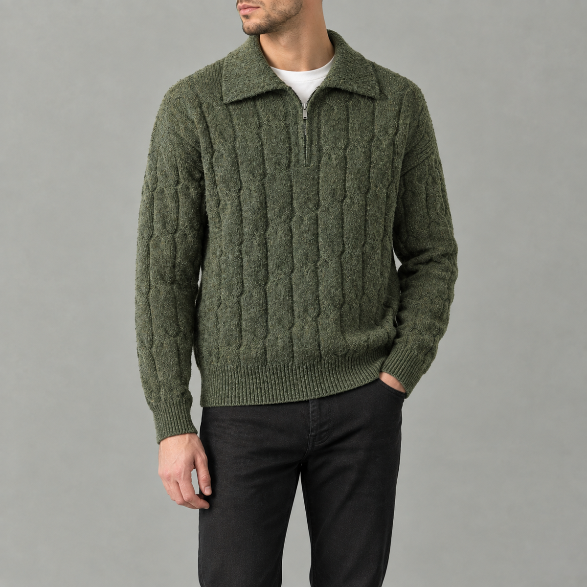 Men’s Cable Knit Jumper – Quarter Zip Loose Fit Ribbed Collared Jumper