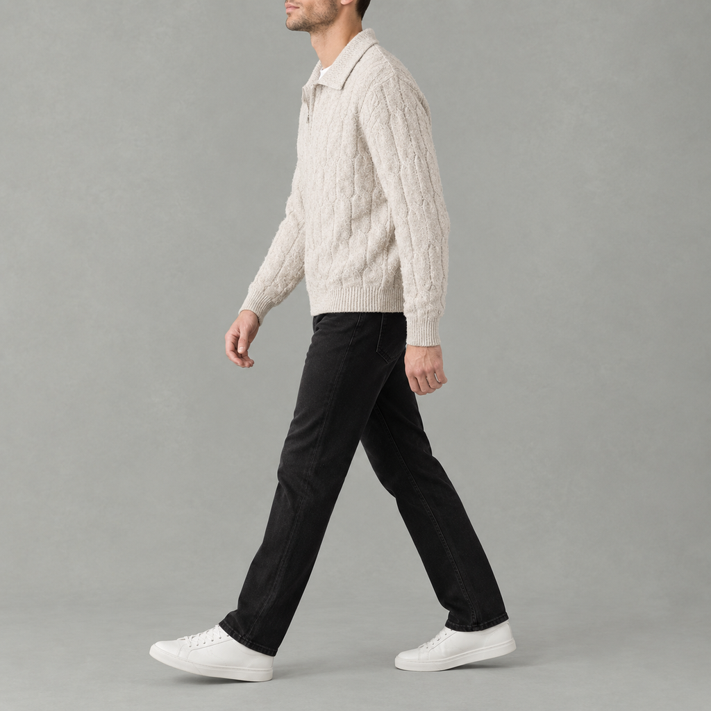 Men’s Cable Knit Jumper – Quarter Zip Loose Fit Ribbed Collared Jumper
