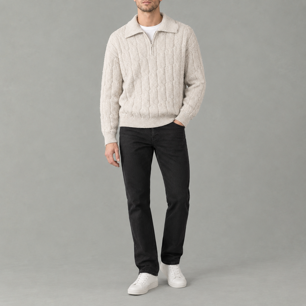 Men’s Cable Knit Jumper – Quarter Zip Loose Fit Ribbed Collared Jumper