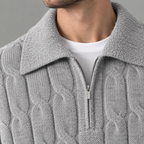 Men’s Cable Knit Jumper – Quarter Zip Loose Fit Ribbed Collared Jumper