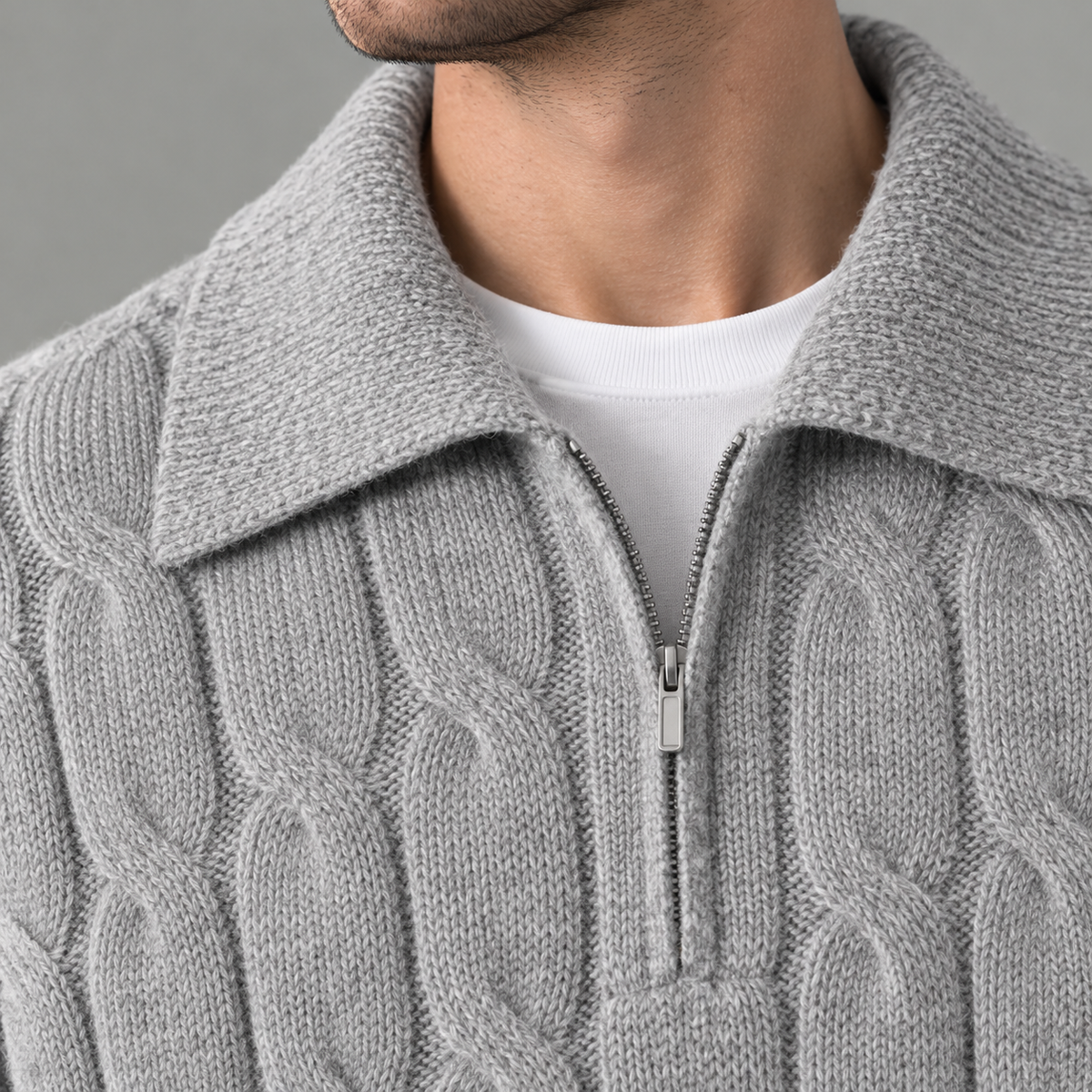 Men’s Cable Knit Jumper – Quarter Zip Loose Fit Ribbed Collared Jumper