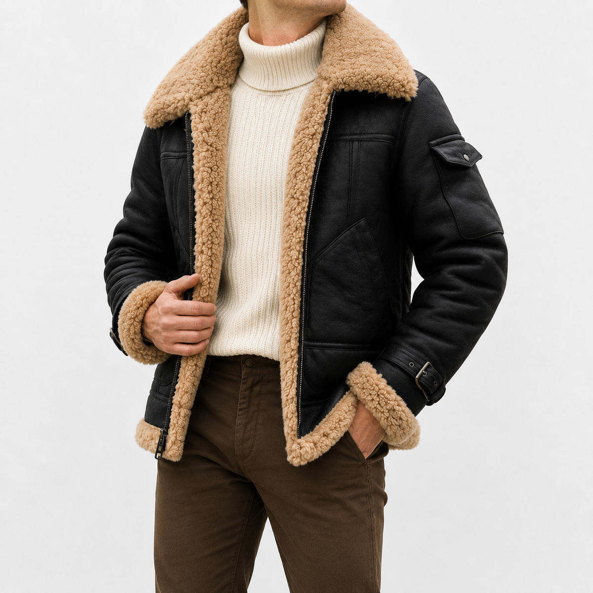 Men’s Leather Jacket – Faux Fur Lined Winter Coat with Thick Imitation Leather