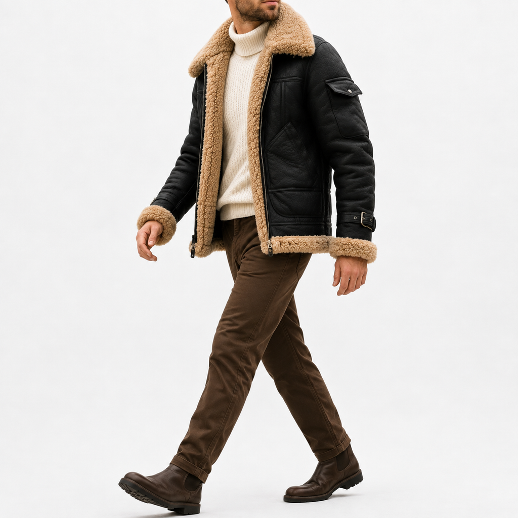Men’s Leather Jacket – Faux Fur Lined Winter Coat with Thick Imitation Leather