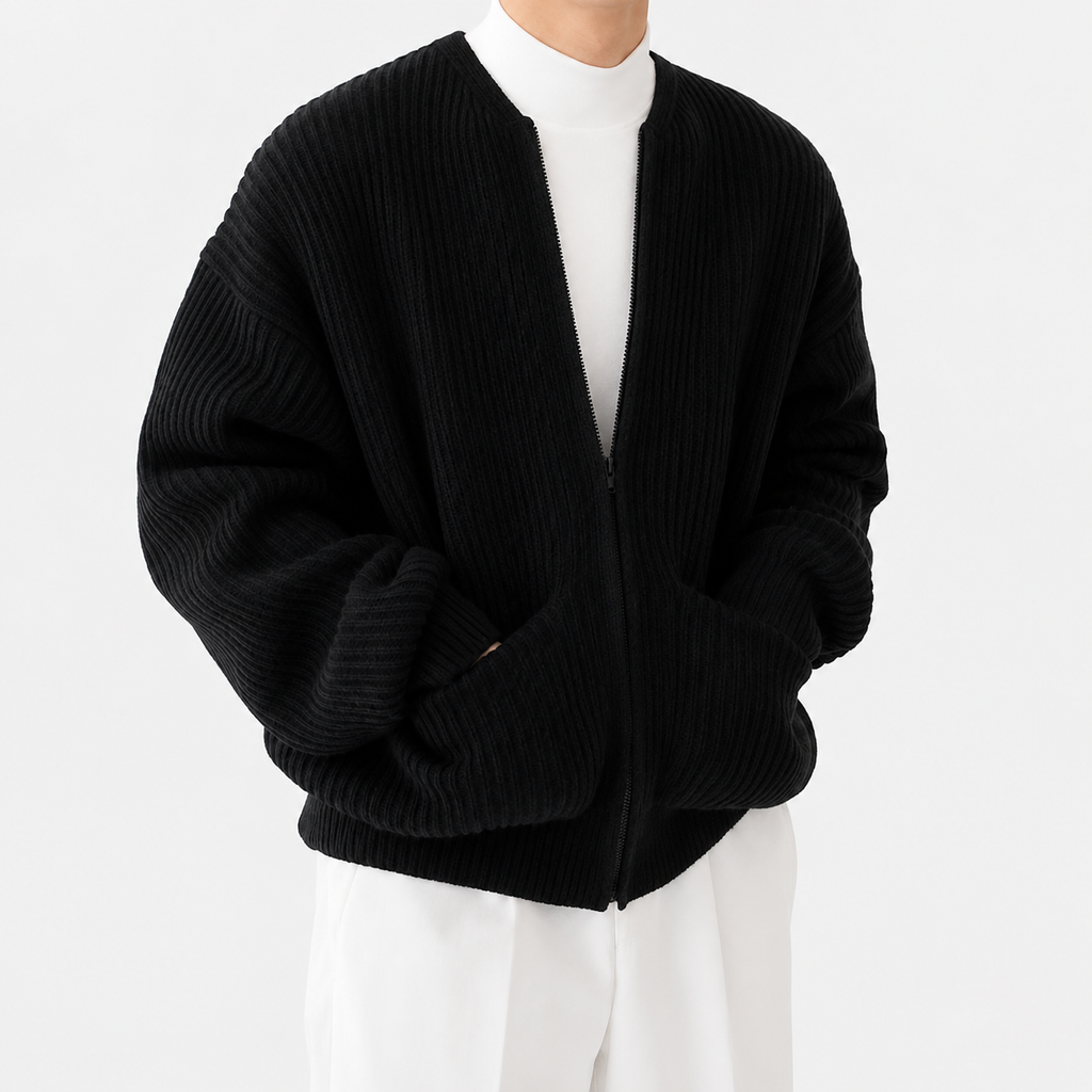 Men’s Knitted Cardigan – Funnel Neck Full Zip Jumper with Pockets