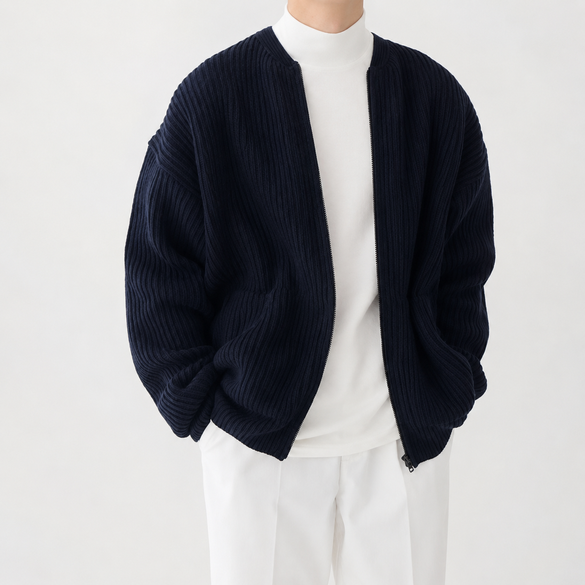 Men’s Knitted Cardigan – Funnel Neck Full Zip Jumper with Pockets