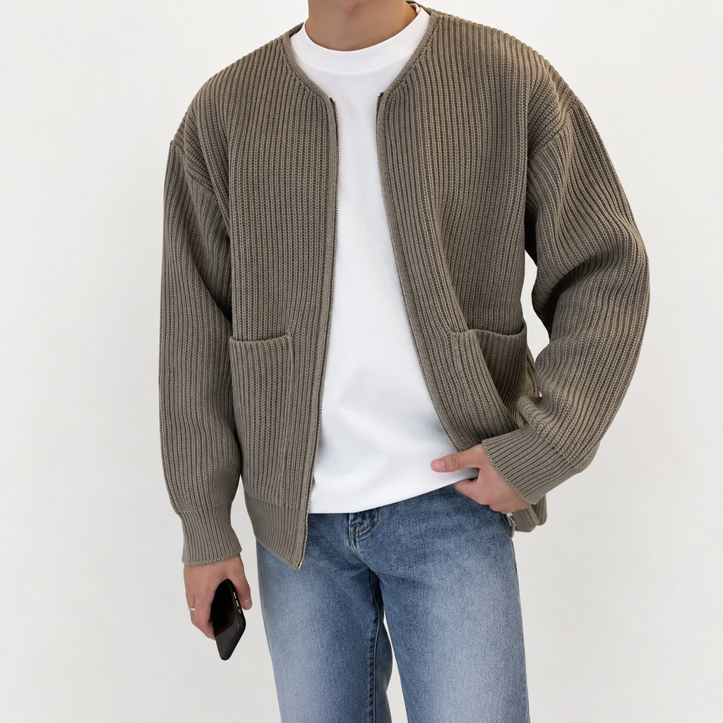 Men’s Knitted Cardigan – Funnel Neck Full Zip Jumper with Pockets