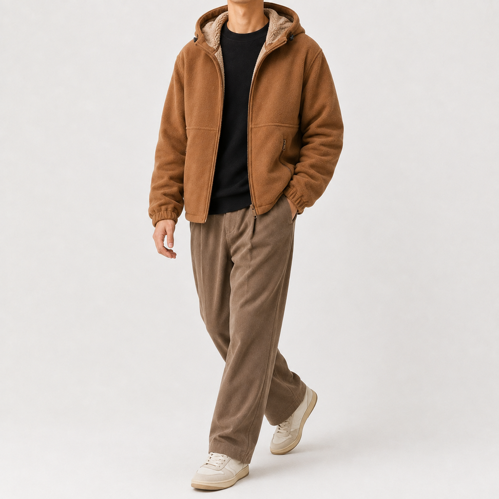 Men’s Fleece Jacket – Hooded Thickened Lambswool-Style Warm Cardigan Coat