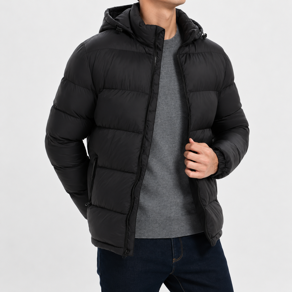 Men’s Hooded Quilted Jacket – Warm Padded Winter Coat with Hood