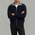 Men’s Knitted Cardigan – Full Zip Ribbed Jumper with Contrast Collar