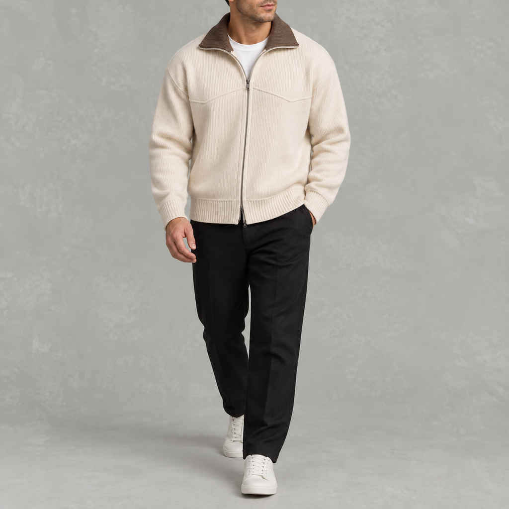 Men’s Knitted Cardigan – Full Zip Ribbed Jumper with Contrast Collar