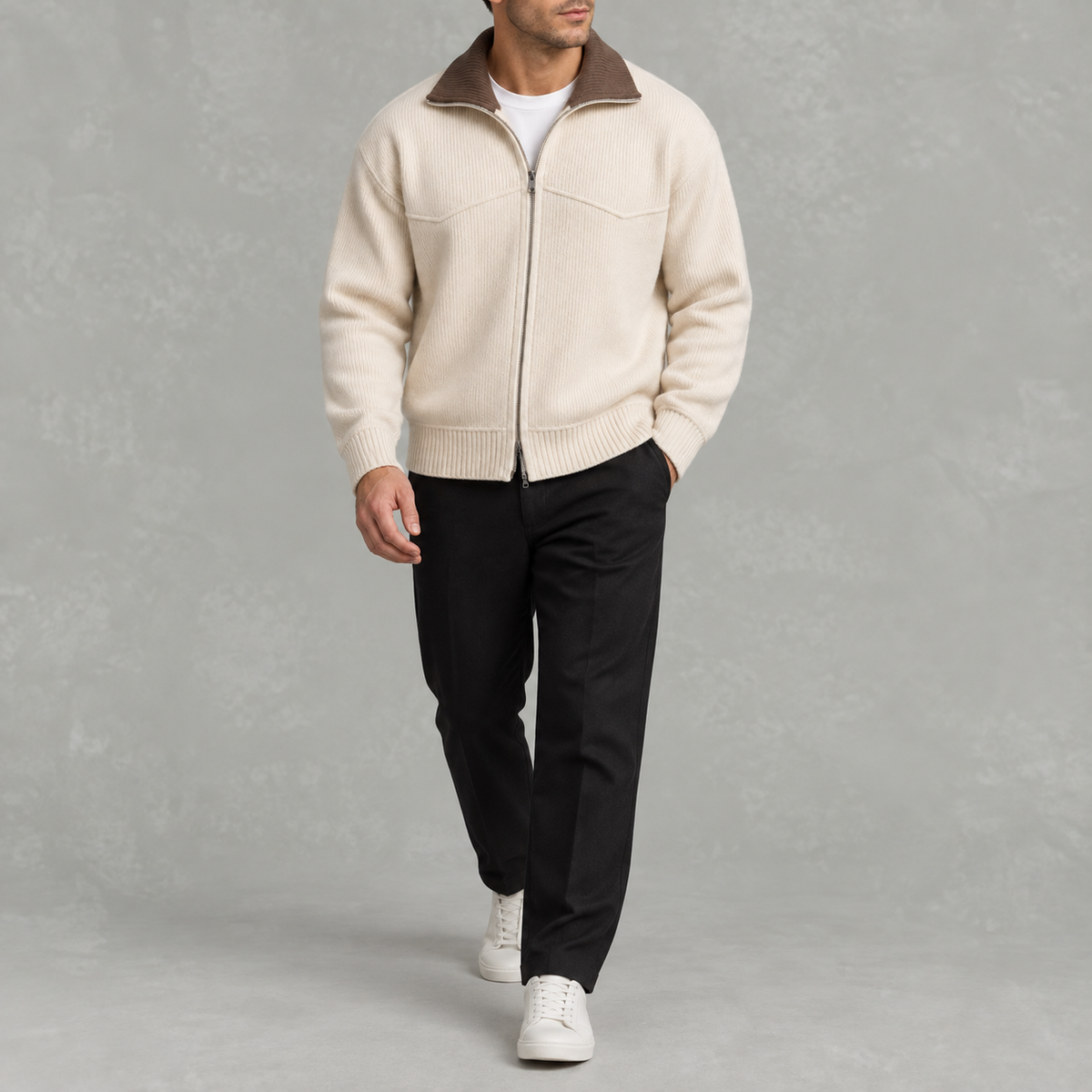 Men’s Knitted Cardigan – Full Zip Ribbed Jumper with Contrast Collar