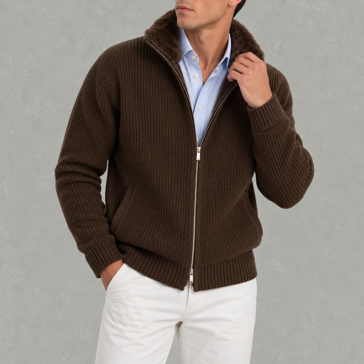 Men’s Knitted Cardigan – Full Zip Ribbed Jumper with Fur Collar