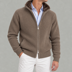 Men’s Knitted Cardigan – Full Zip Ribbed Jumper with Fur Collar
