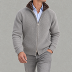 Men’s Knitted Cardigan – Full Zip Ribbed Jumper with Fur Collar