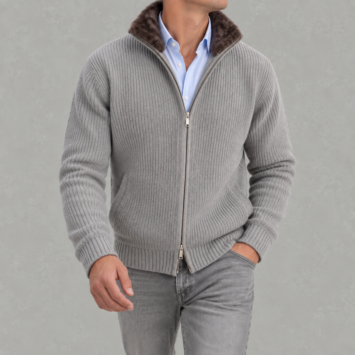 Men’s Knitted Cardigan – Full Zip Ribbed Jumper with Fur Collar