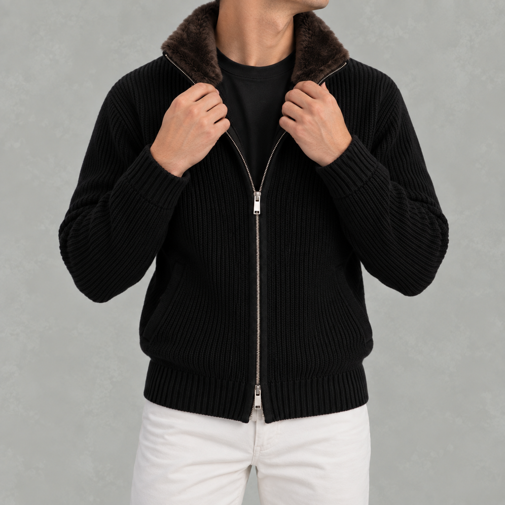 Men’s Knitted Cardigan – Full Zip Ribbed Jumper with Fur Collar
