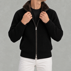 Men’s Knitted Cardigan – Full Zip Ribbed Jumper with Fur Collar