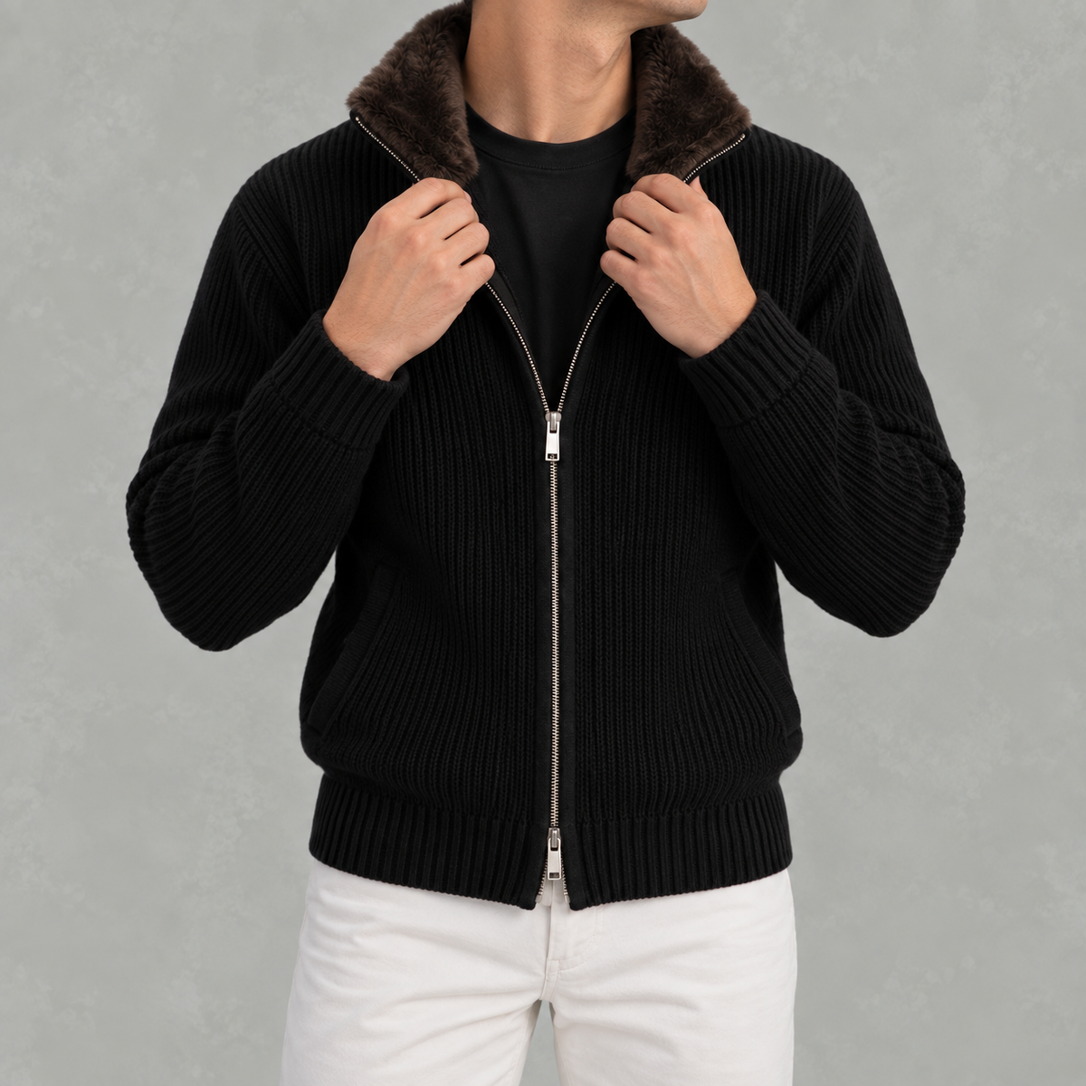 Men’s Knitted Cardigan – Full Zip Ribbed Jumper with Fur Collar