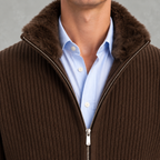 Men’s Knitted Cardigan – Full Zip Ribbed Jumper with Fur Collar
