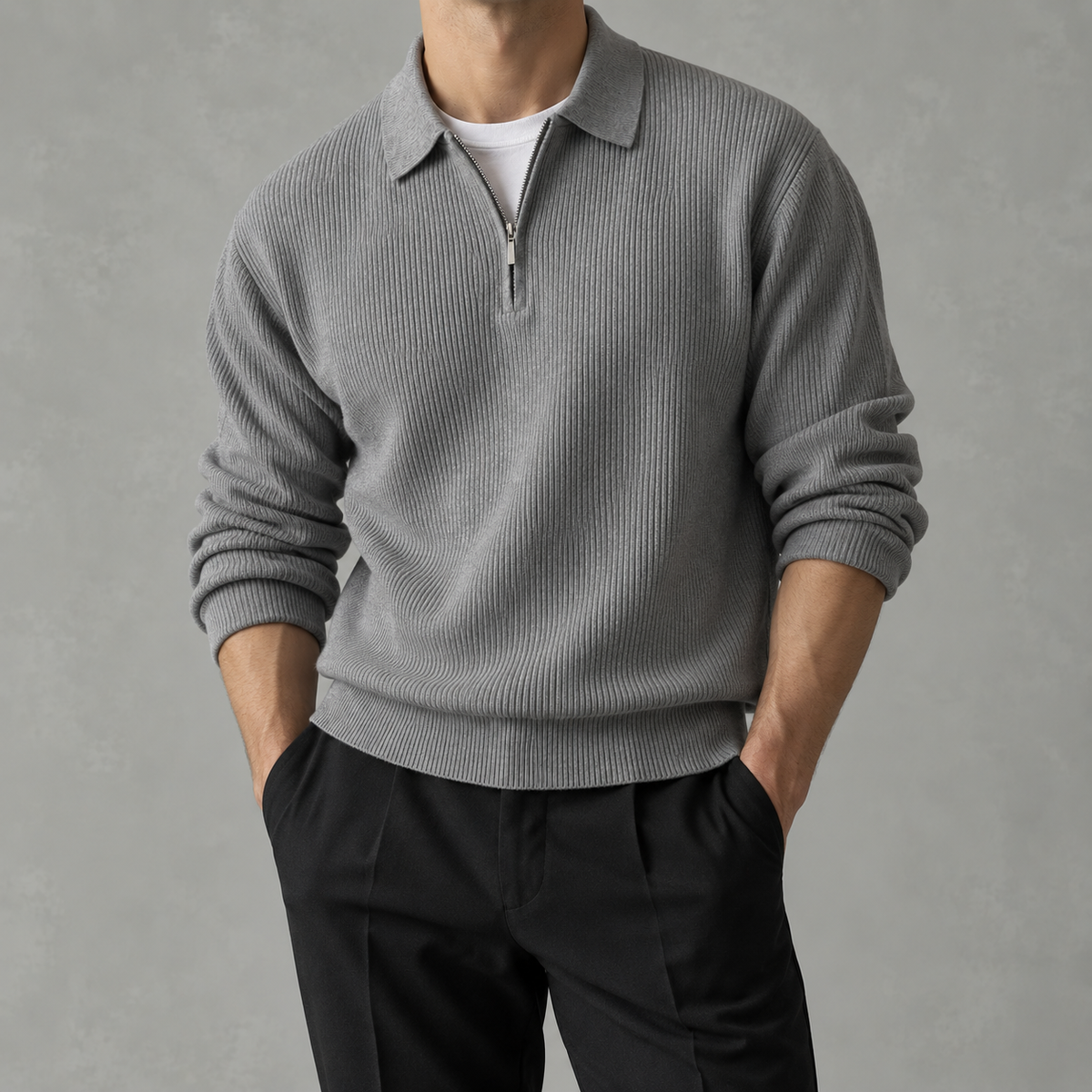 Men’s Knitted Polo Quarter Zip – Long Sleeve Zipped Polo Collar Autumn Jumper