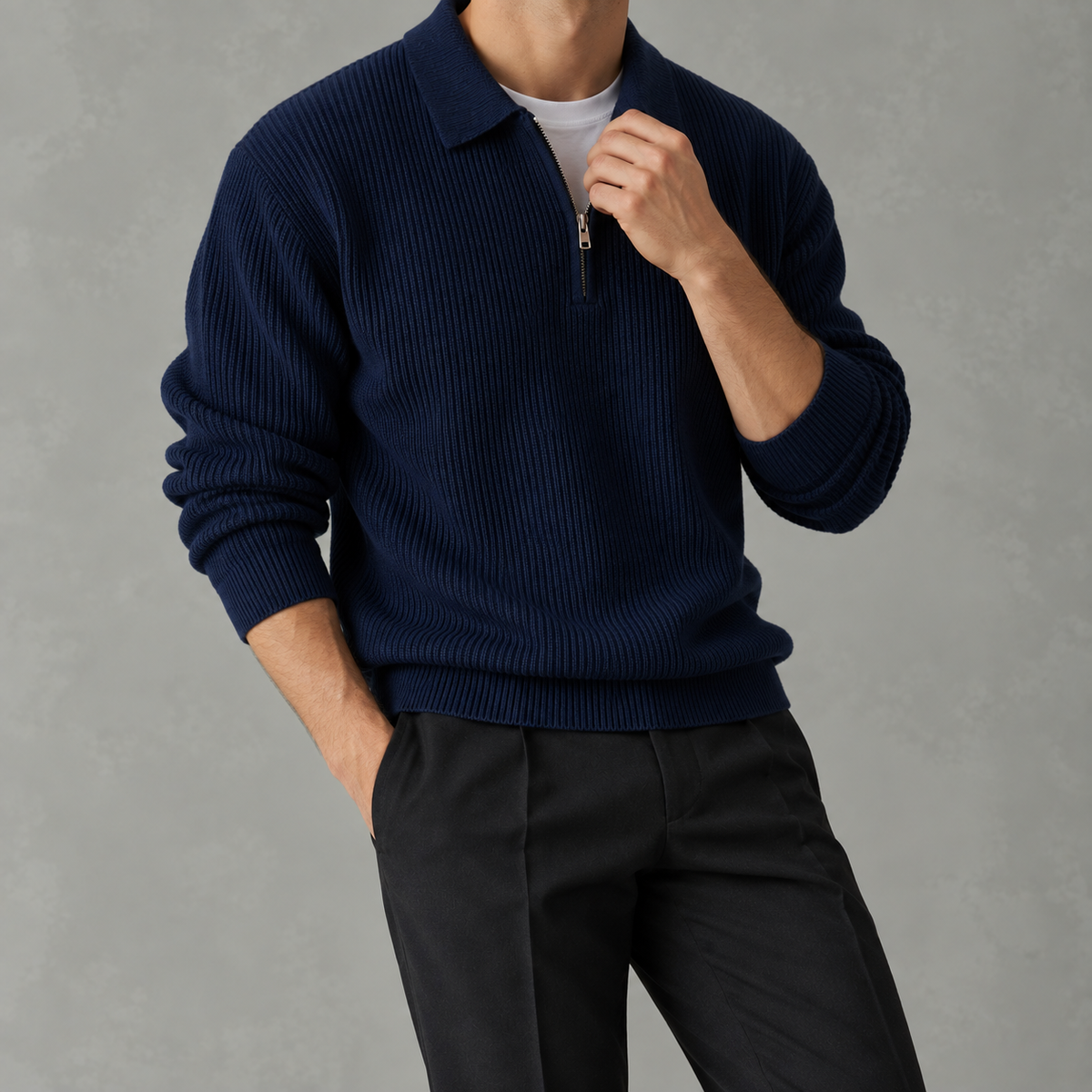 Men’s Knitted Polo Quarter Zip – Long Sleeve Zipped Polo Collar Autumn Jumper