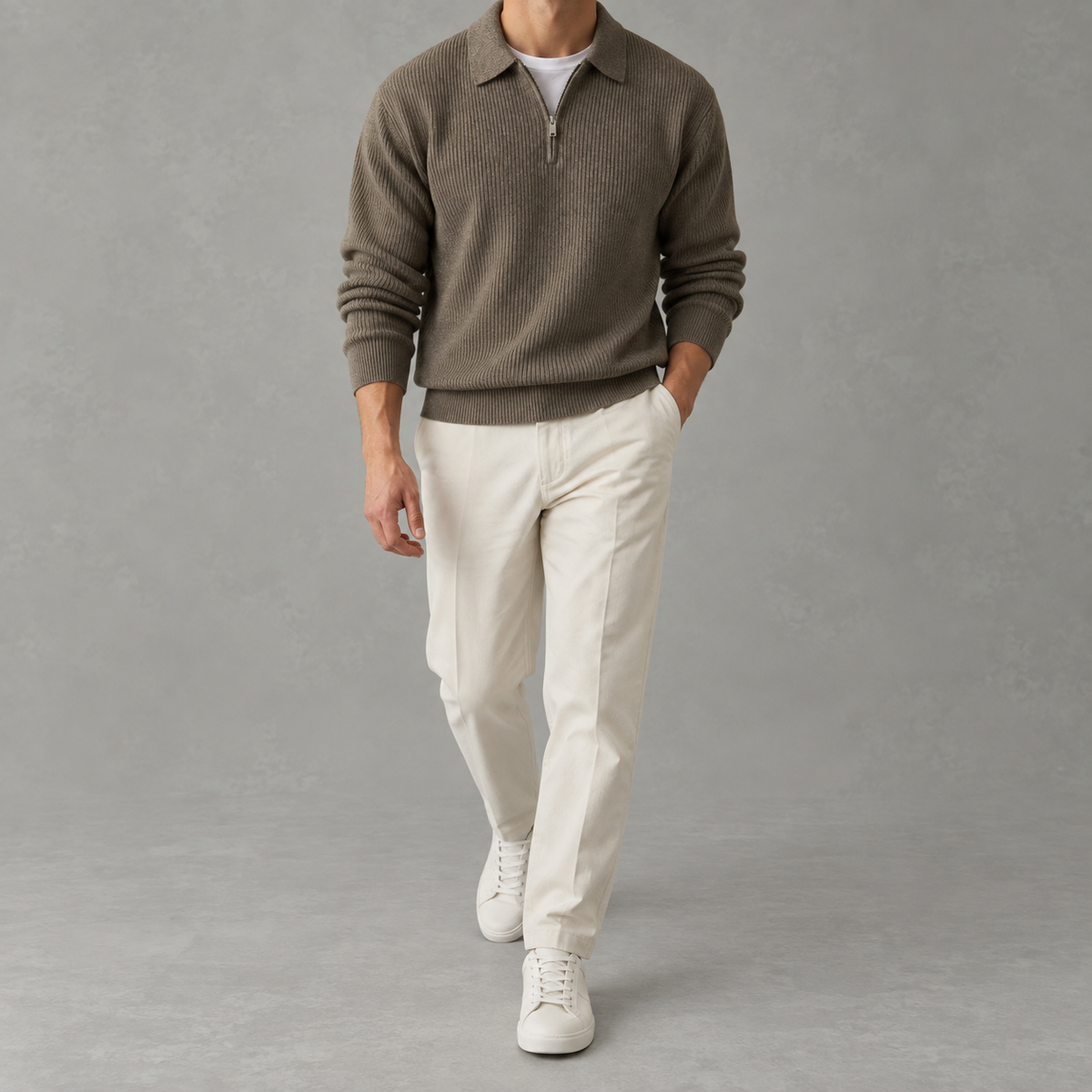Men’s Knitted Polo Quarter Zip – Long Sleeve Zipped Polo Collar Autumn Jumper