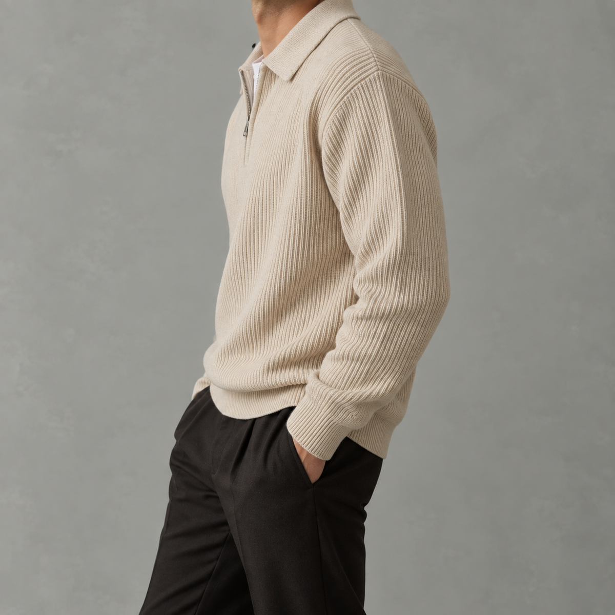 Men’s Knitted Polo Quarter Zip – Long Sleeve Zipped Polo Collar Autumn Jumper