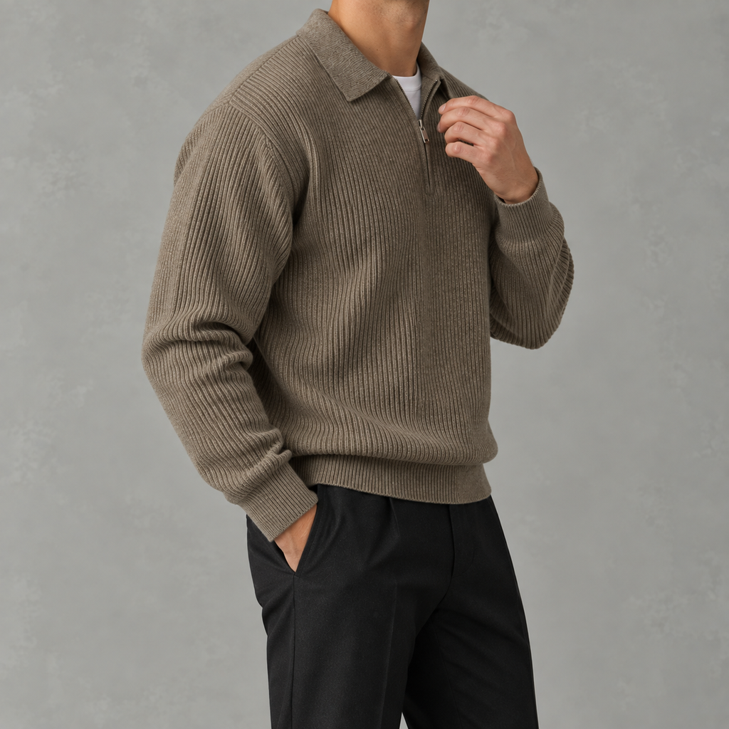 Men’s Knitted Polo Quarter Zip – Long Sleeve Zipped Polo Collar Autumn Jumper