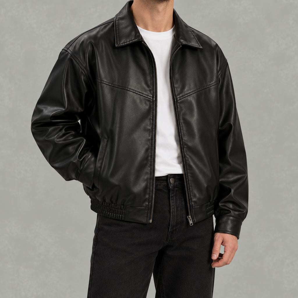 Men’s Leather Jacket – Black Full Zip Collared Bomber Jacket with Ribbed Hem