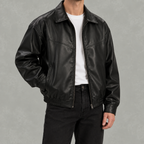 Men’s Leather Jacket – Black Full Zip Collared Bomber Jacket with Ribbed Hem