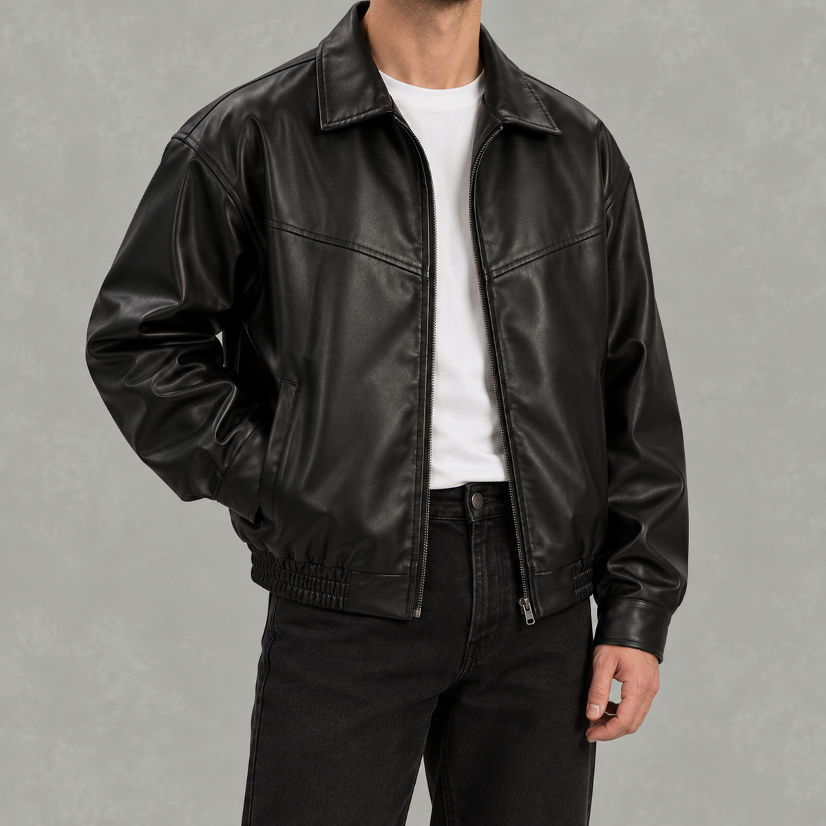 Men’s Leather Jacket – Black Full Zip Collared Bomber Jacket with Ribbed Hem
